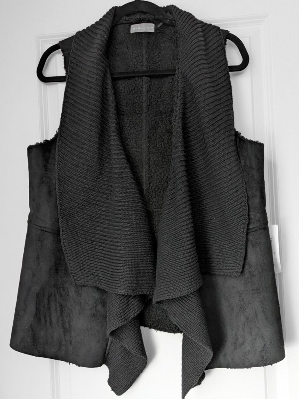 Black Suede and Fleece Draped Front Winter Vest - Minimalist, Moto, Goth